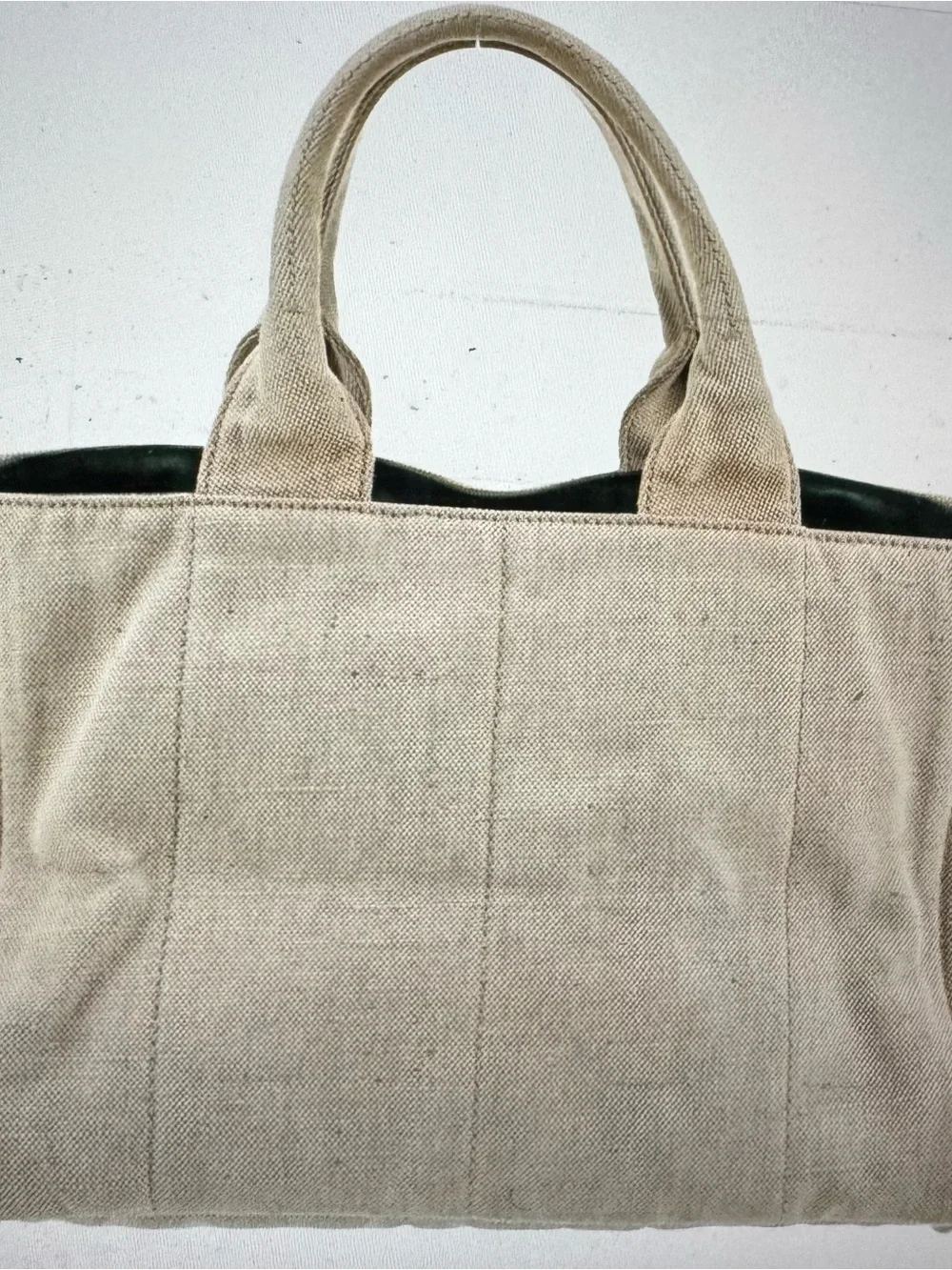 Prada Beige Canvas Tote with Dark Green Floral Medallions